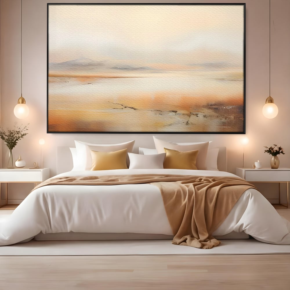 Tablou canvas cu pictura peisaj abstract cu dealuri, in rama de aluminiu negru, pe perete intr-un dormitor